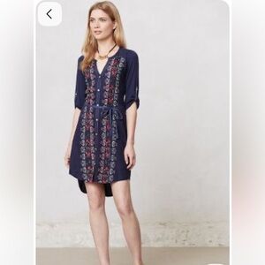 Anthropologie Tiny Embroidered Boho Tunic Top Navy Folk Floral Medium